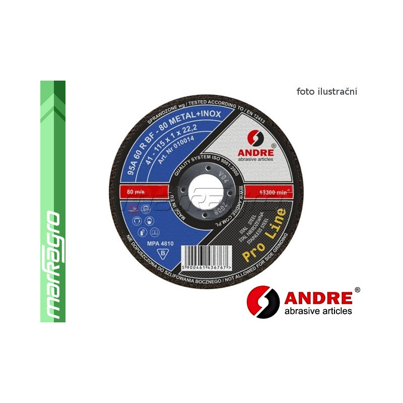 Řezný kotouč plochý - 115 mm x 1,6 mm x 22,2 mm, PRO-LINE verze METAL+INOX, TYP 41 - ANDRE (010019)