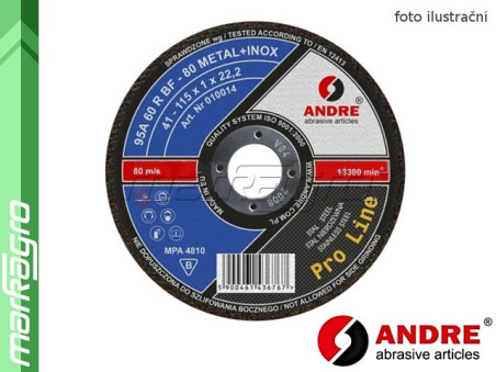 Řezný kotouč plochý - 115 mm x 1,6 mm x 22,2 mm, PRO-LINE verze METAL+INOX, TYP 41 - ANDRE (010019)