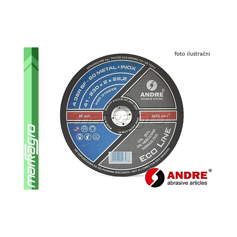 Řezný kotouč plochý - 230 mm x 2 mm x 22,2 mm, ECO-LINE verze METAL+INOX, TYP 41 - ANDRE (010239) Řezný kotouč plochý - 230 mm x 2 mm x 22,2 mm, ECO-LINE verze METAL+INOX, TYP 41 - ANDRE (010239)