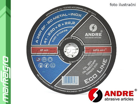 Řezný kotouč plochý - 230 mm x 2 mm x 22,2 mm, ECO-LINE verze METAL+INOX, TYP 41 - ANDRE (010239)