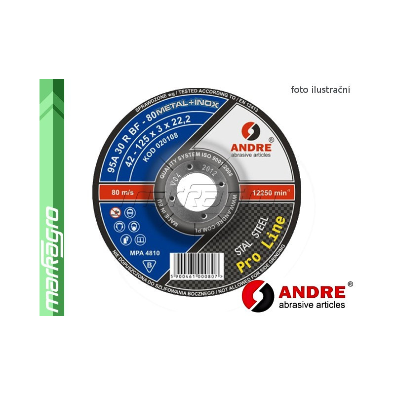 Řezný kotouč vypouklý - 230 mm x 2 mm x 22,2 mm, PRO-LINE verze METAL+INOX, TYP 42 - ANDRE (010062)