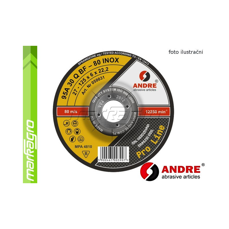 Brusný kotouč vypouklý - 125 mm x 6 mm x 22,2 mm, PRO-LINE verze INOX, TYP 27 - ANDRE (050031)